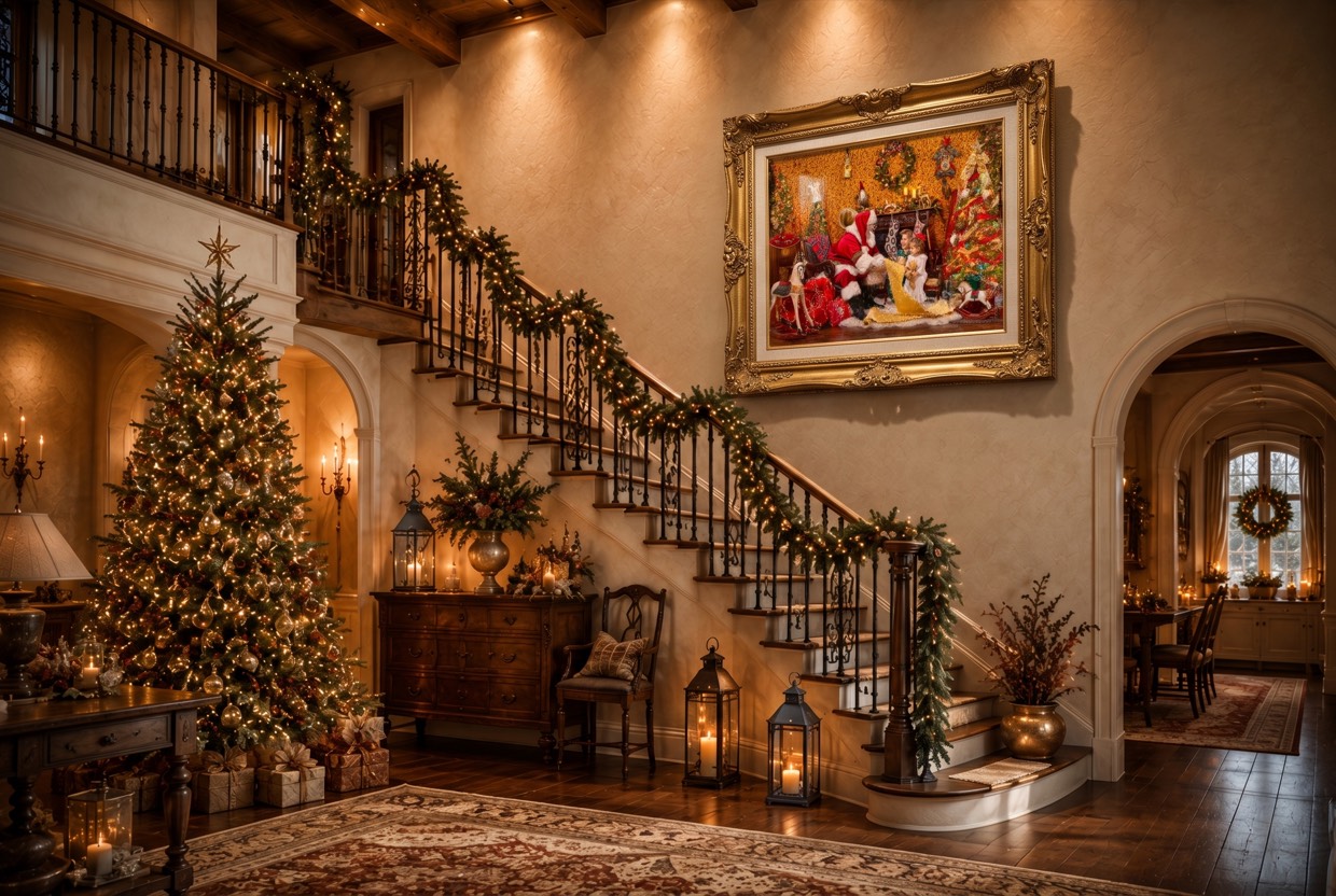 A gold-framed fine-art piece of Santa and children hanging above a staircase in a family home at Christmas